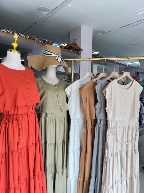 Linen Tiered Sundress With Crop Cardigan Sets